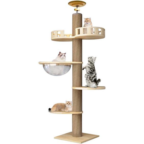 Sdlogal - Grand arbre à chat En bois Tour de jeu 255 à 265 cm réglable, avec 5 Plateformes et Corbeille, Jouet pour chat, pour Chats et Chatons