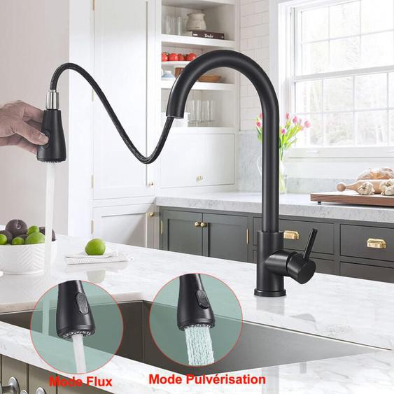 Sdlogal - Robinet Cuisine Noir, Ultrixe Mitigeur Cuisine Douchette Evier Cuisine Pivotant à 360° dÉvier à Arc Élevé Pulvérisateur Escamotable 2