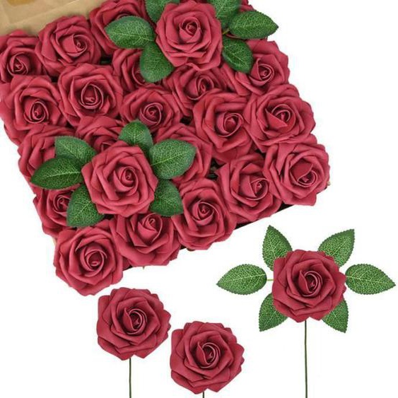SEABUTY 25pcs Mousse Rose Artificielles Fleurs Fausse Roses Faux Bouquet pour DIY fête Maison Mariage Décoration, rouge
