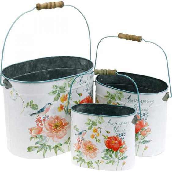 Seau ovale pour plantes Set de 3 seaux Vintage en métal Décoration florale Motif printanier 26/22/17cm