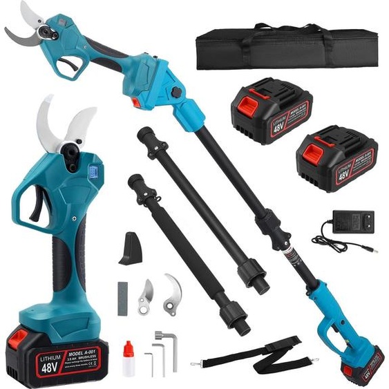Sécateur électrique 2-en-1 - Sécateur sans fil - Moteur sans balais 21 V 2x3,0 Ah - Écran LCD - Manche télescopique de 2,3 m - Diamètre de coupe de 40 cm - Bleu