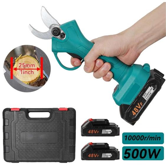 Sécateur électrique - Sécateur à batterie - Diamètre de coupe de 25 mm - Moteur sans balais - Sans fil - 2 batteries