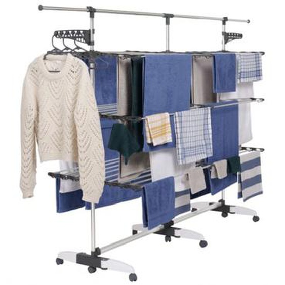 Séchoir à linge vertical pliable 3 niveaux supra capacité 50M avec tringle télescopique blanc et gris
