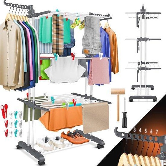Séchoir à linge avec roulettes escamotables, 4 niveaux, 2 ailes latérales, pour lintérieur et lextérieur
