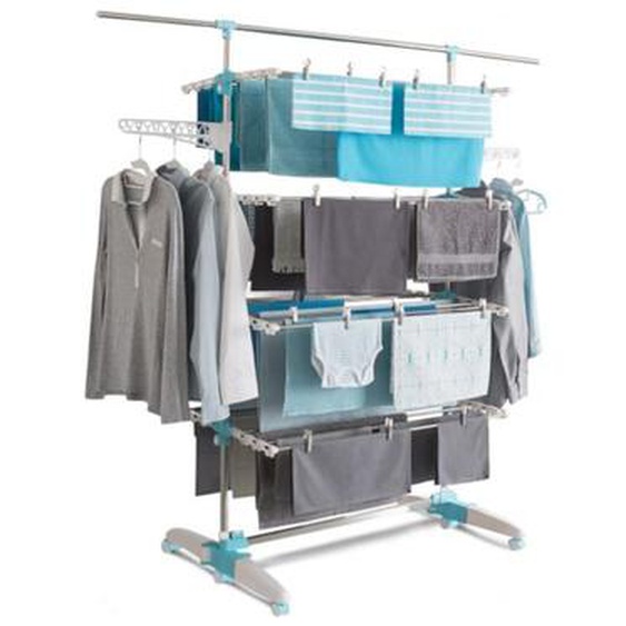 Séchoir à linge vertical pliable 4 niveaux optimum capacité 30M avec tringle télescopique blanc et bleu