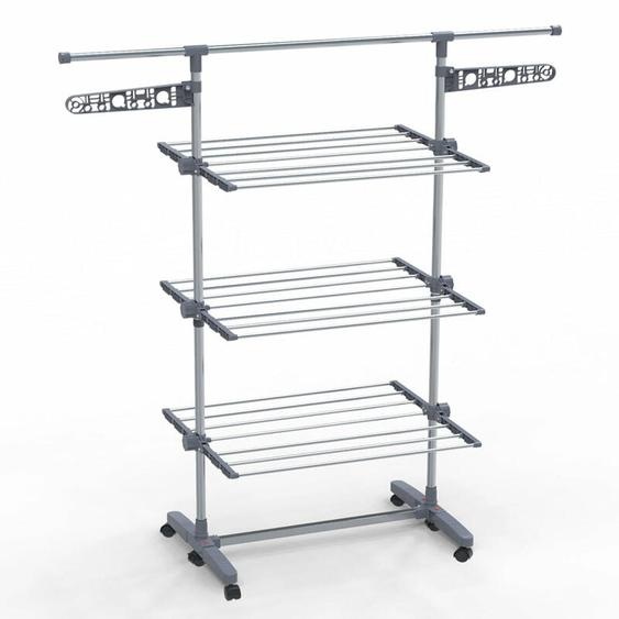 Séchoir à linge inox robuste pliable - étendoir mobile 3 niveaux - ailes pliables - barre télescopique extensible - Vounot