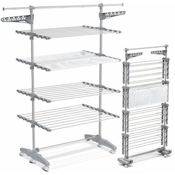 Séchoir à linge pliable avec maille - étendoir mobile 4 niveaux - ailes pliables - barre télescopique extensible - Vounot