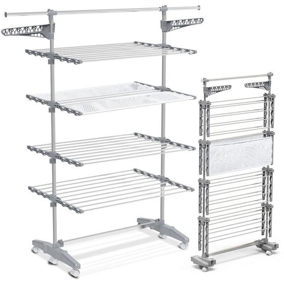 Vounot - Séchoir à linge pliable avec maille - étendoir mobile 4 niveaux - ailes pliables - barre télescopique extensible