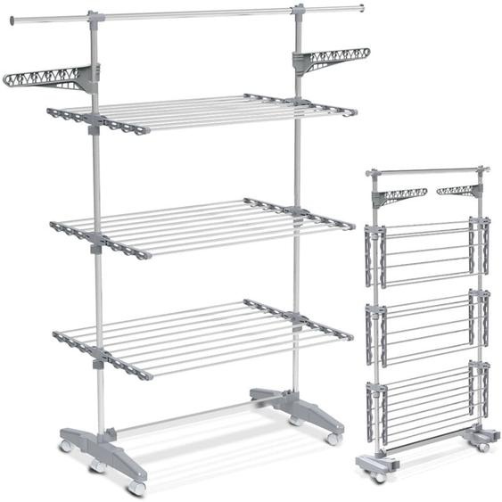 Séchoir à linge pliable avec roulettes - étendoir mobile 3 niveaux - ailes pliables - barre télescopique extensible - Vounot