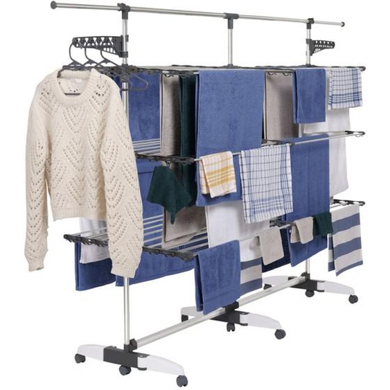 Idmarket - Séchoir à linge vertical pliable 3 niveaux supra capacité 50M avec tringle télescopique blanc et gris