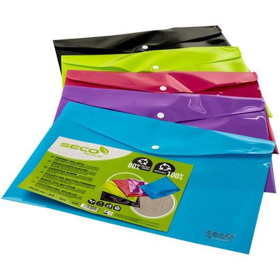 Seco Enveloppe pression opaque A4- Lot de 5 - Assortis