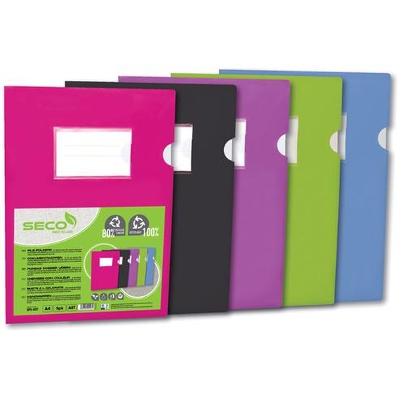 Seco Pochette coin A4 semi rigide avec porte étiquette - Lot de 5 - Assortis
