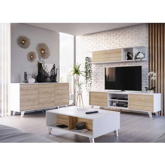 Séjour complet Blanc brillant/Chêne clair - STOCKTON - Bois clair - Bois - Meuble TV : L 180 x l 41 x H 51 / Etagère murale : L 180