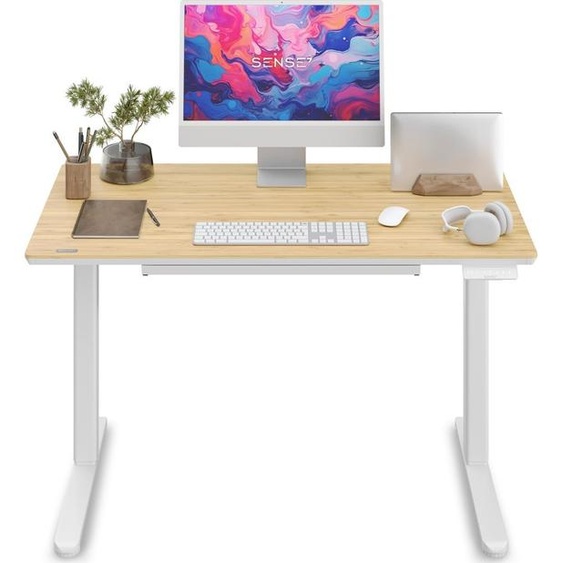 SENSE7 NEWAI Table dordinateur réglable en hauteur Table de jeu Bureau Plateau de table en bambou 120 x 60 cm Réglable en continu Tiroir Crochet pour casque découte