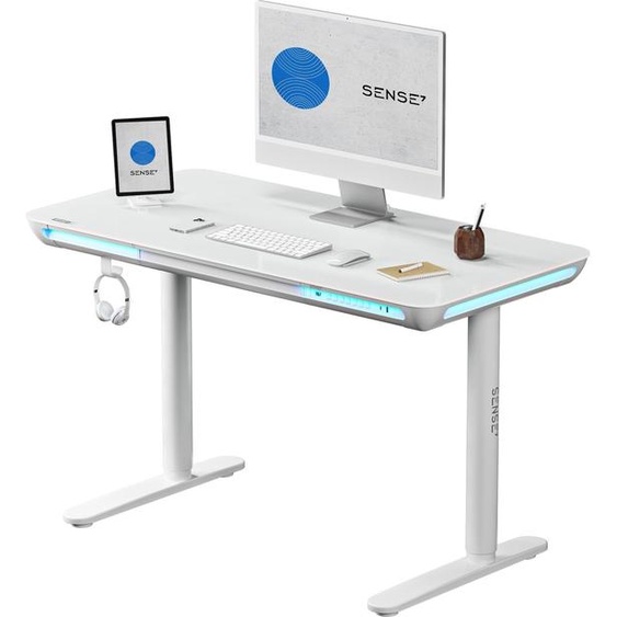 SENSE7 NOMO Table dordinateur réglable en hauteur Gamingtisch Bureau en verre trempé Plateau de table 120 x 60 cm Réglable en continu Ambient USB-C 3.0