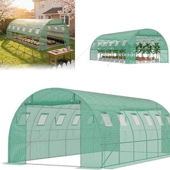 Serre 6x3x2 mètres, serre en film plastique avec structure en acier galvanisé, film en polyéthylène de 140g/m², 12 fenêtres et 2 portes à fermeture éclair, tunnel en film plastique résistant à lhiver, idéal pour une serre à tomates