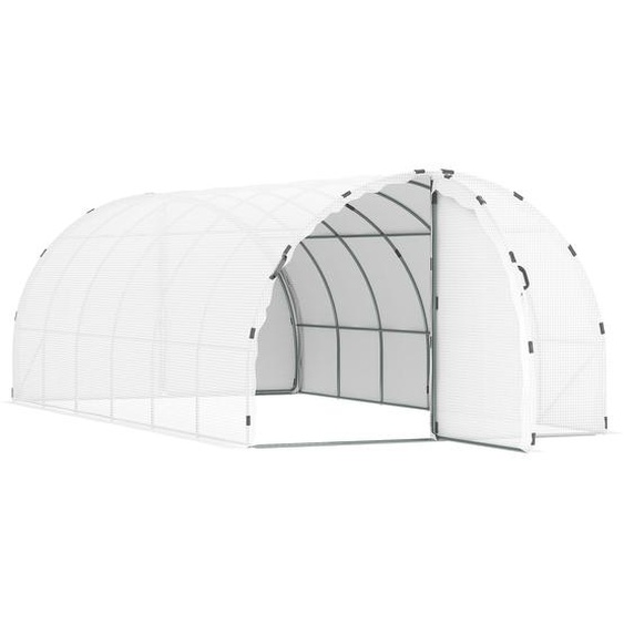 Serre de jardin tunnel surface sol 16 m² châssis tubulaire renforcé 24 mm double porte avec poignées blanc