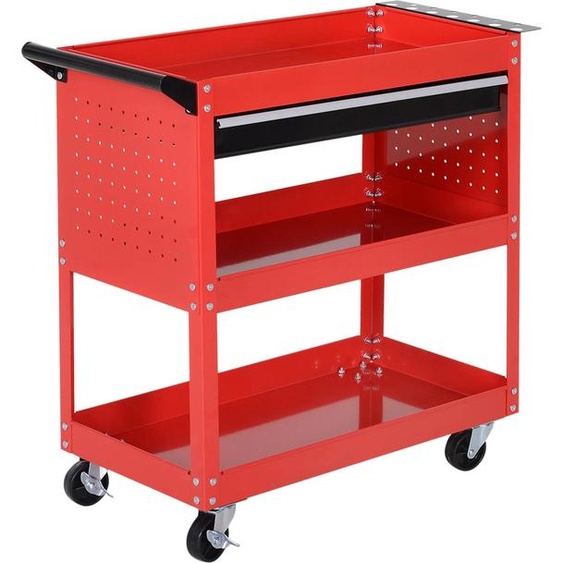Servante datelier - chariot à outils - 3 étagères avec tiroir - roulettes avec frein - poignée latérale - paroi latérale perforée - 82×35×76 cm - rouge
