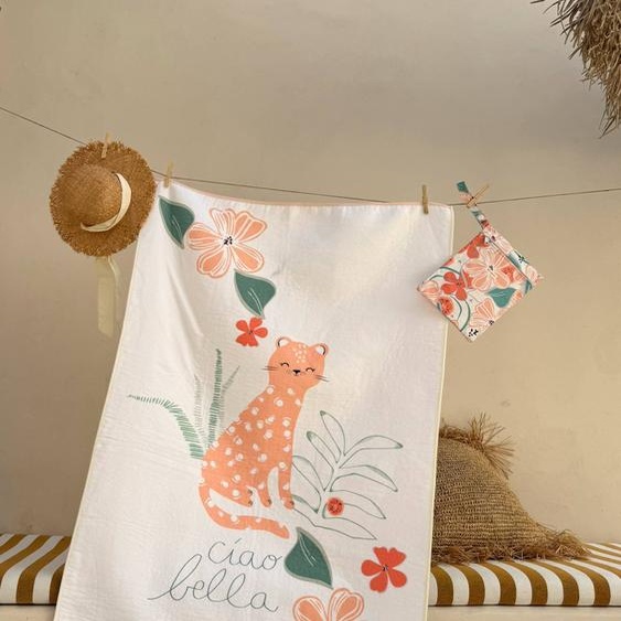 Serviette De Bain Bébé + Pochette Fleur Ecru