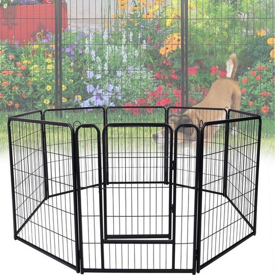 Sessamen-LP Parc pour chiots Parc pour chiens avec 1 porte 8 pièces 65x80cm noir grille métallique Cage intérieure et extérieure pour lapins,chats,chiots