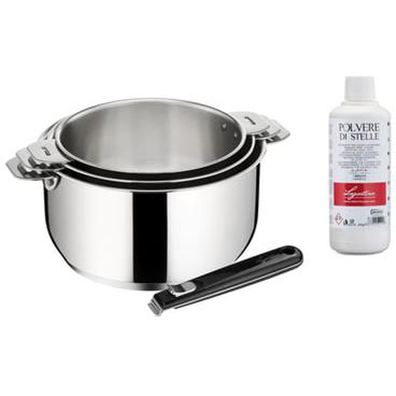 Lot de 3 casseroles + poignée + poudre inox