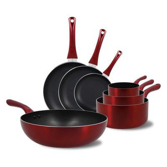 Set 7 pieces cerise casserole poele wok en aluminium induction
