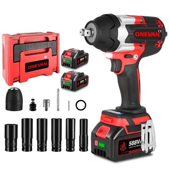 1800Nm Clé à Chocs Sans Fil Brushless,3 vitesses,1/2  Boulonneuse a Choc avec 2x588VF Batterie , Boîte avc 12pcs Accessoires - rouge - Onevan