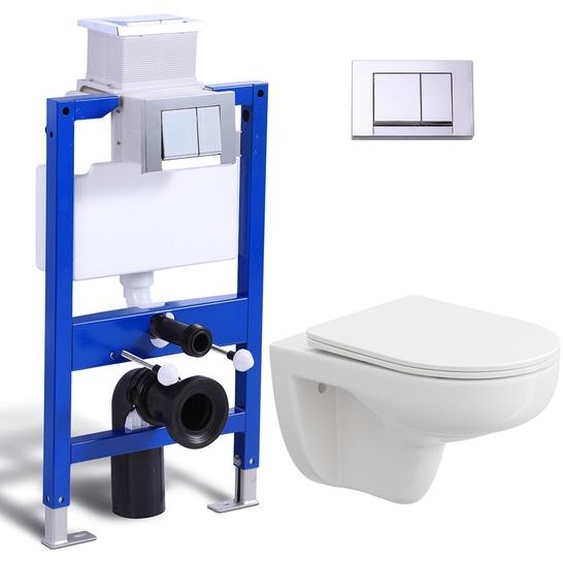 Set complet de toilettes en applique - réservoir encastré 82cm + WC suspendu sans rebord + poussoir chromé rectangulaire HOROW