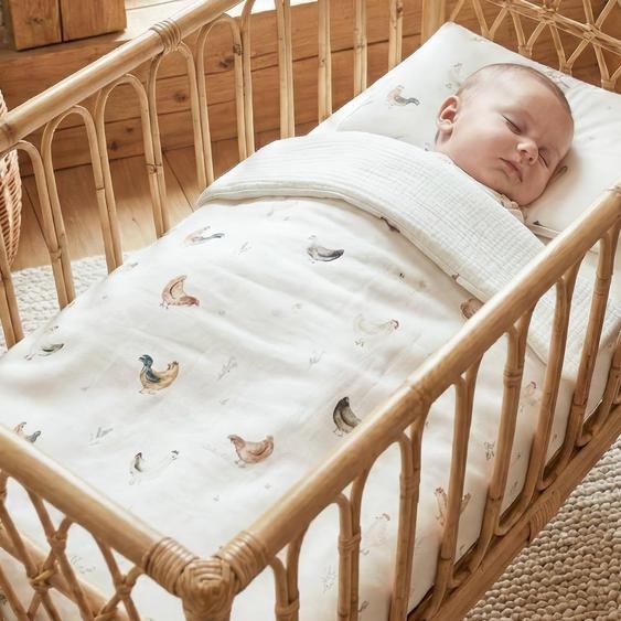 Sevira Kids Set Coussin Et Couverture Pour Berceau Et Couffin Gallina Écru – Motif Poules Champêtre