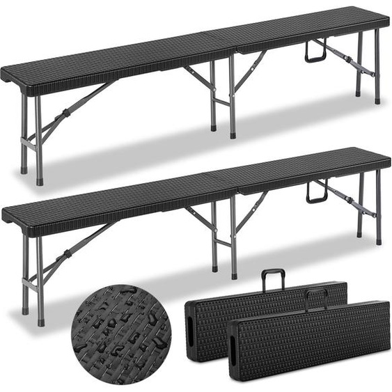Set de 2 bancs de jardin pliables 180cm acier aspect polyrotin bac d’extérieur camping vacances pique-nique anniversaire