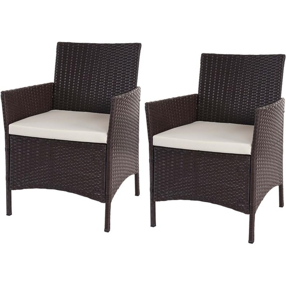 set de 2 fauteuils de jardin en poly rotin Halden, fauteuil en osier ~ brun chiné, coussin crème