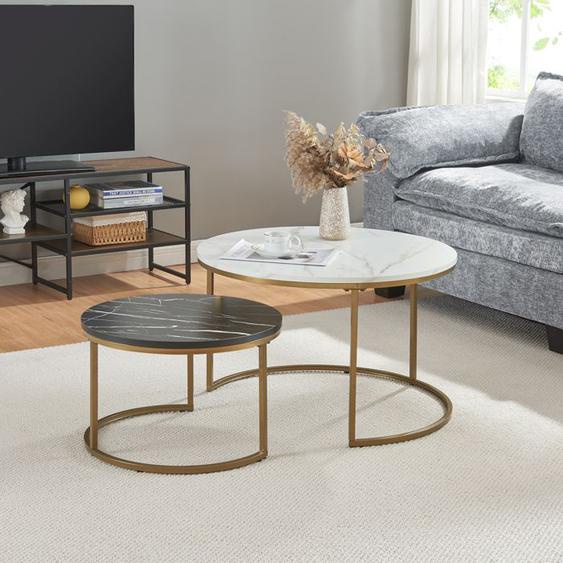 Set de 2 tables basses Christchurch rondes gigognes effet marbre blanc noir doré