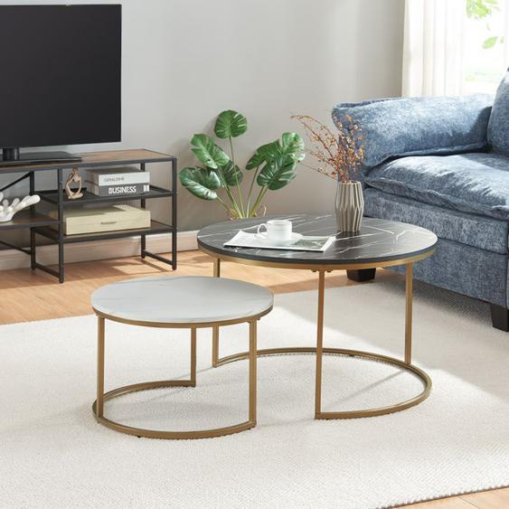 Set de 2 tables basses Christchurch rondes gigognes effet marbre noir blanc doré