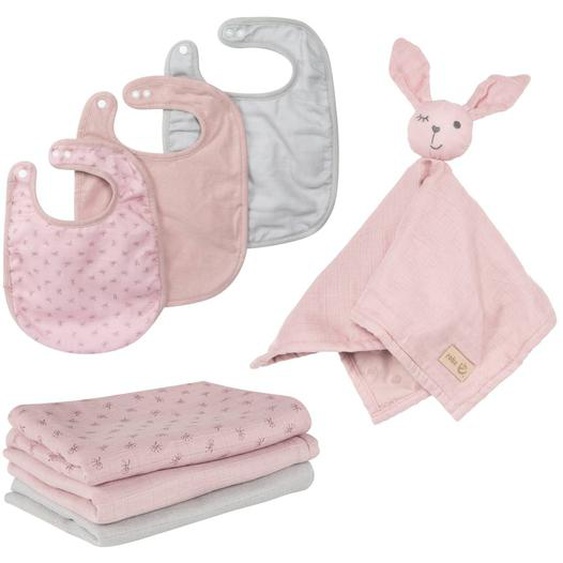 Set De 3 Bavoirs En Coton Bio + 3 Langes + 1 Serviette Doudou Lil Planet Rose Pastel - Gris / Lapin