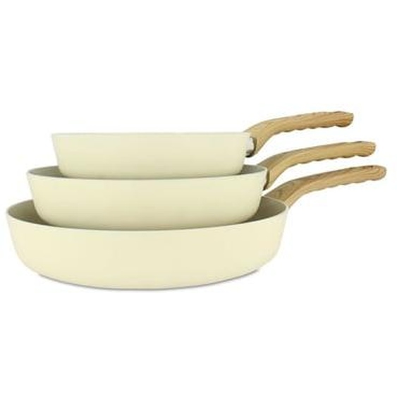 Set de 3 poeles colorama creme - poele 20/24 et 28 cm - en aluminium - revetement antiadhesif en ceramique