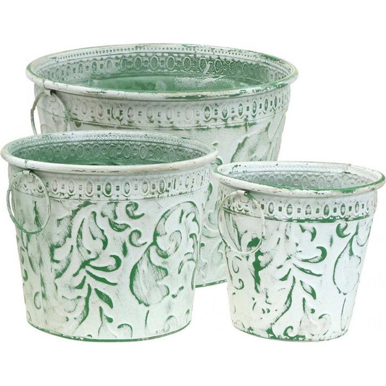 set de 3 pots en métal shabby chic blanc vert anse pots de fleurs gaufrage vintage Ø25,5/20,5/15,5cm