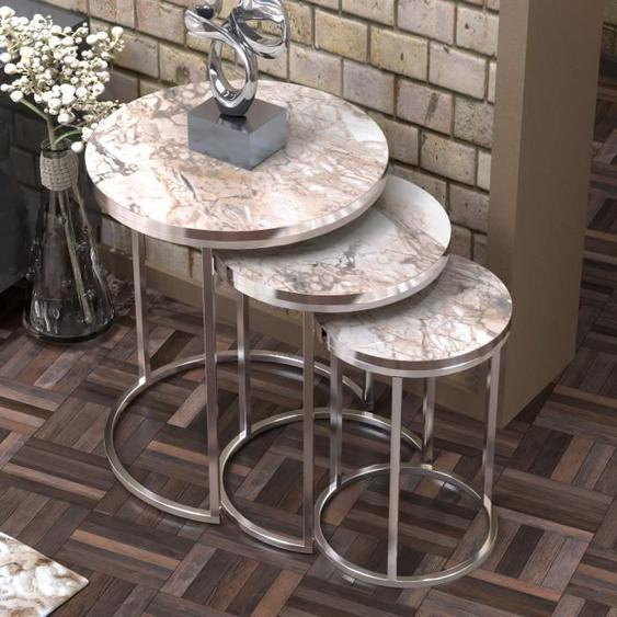 Set de 3 tables dappoint Bornholm rondes gigognes marbre blanc argent