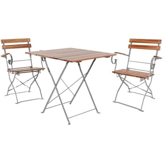 set de 3 tables de brasserie pliantes + 2 chaises pliantes+accoudoirs pliants acacia 70x70cm