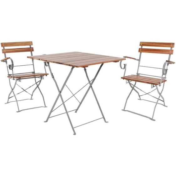 set de 3 tables de brasserie pliantes + 2 chaises pliantes+accoudoirs pliants acacia 70x70cm
