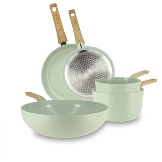 Set de 5 pieces colorama celadon - poeles/casseroles/wok - en aluminium - revetement antiadhesif en ceramique