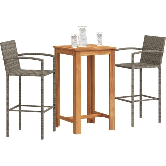 set de bar de jardin 3 pièces Gris Bois massif Acacia et Poly Rattan, Set de meubles de jardin 2024 Nouveau DesignMöbel