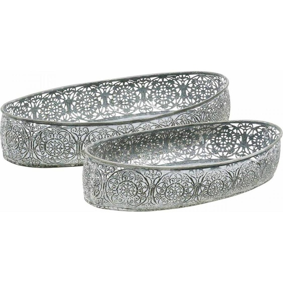 Set de coupes décoratives Ovale Métal Motif filigrane Gris argenté Style vintage Lot de 2 L36cm/33,5cm