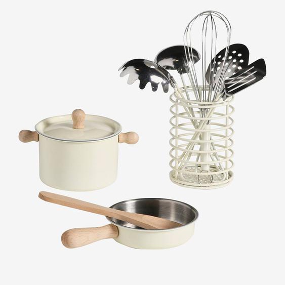 Set de cuisine en métal et bois FSC® écru