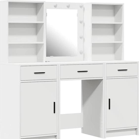 Ensemble de coiffeuse avec LED et tiroirs, 3 pièces, blanc, bois composite