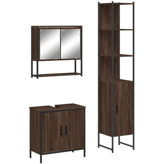 set de meubles de salle de bain 3 pièces imitation chêne brun Matériau dérivé du bois