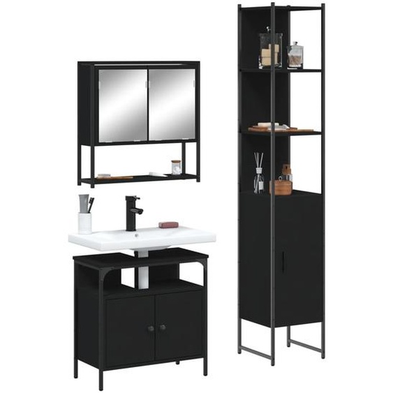 set de meubles de salle de bain 3 pièces noir en bois composite