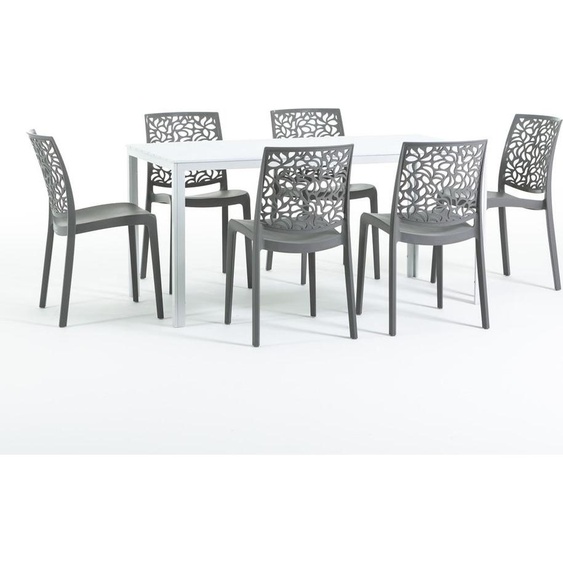 Set de salle à manger dextérieur avec table rectangulaire 156x78 cm et 6 chaises empilables en résine renforcée de fibres de verre - design moderne imitation bois, idéal pour le jardin, la terrasse et les espaces extérieurs couverts - THOMAS+ANNA - gris