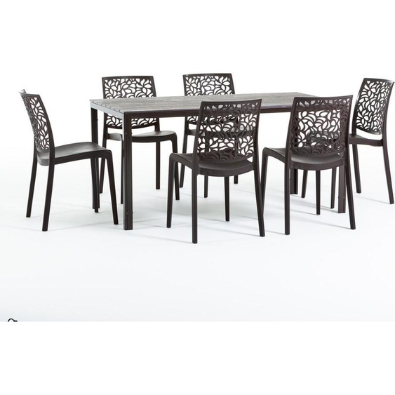 Set de salle à manger dextérieur avec table rectangulaire 156x78 cm et 6 chaises empilables en résine renforcée de fibres de verre - design moderne imitation bois, idéal pour le jardin, la terrasse et les espaces extérieurs couverts - THOMAS+ANNA -