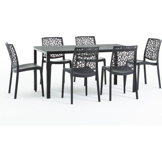 Set de salle à manger dextérieur avec table rectangulaire 156x78 cm et 6 chaises empilables en résine renforcée de fibres de verre - design moderne imitation bois, idéal pour le jardin, la terrasse et les espaces extérieurs couverts - THOMAS+ANNA - Noir