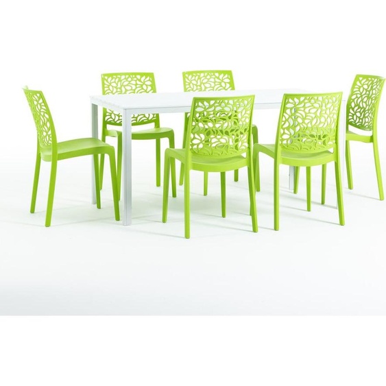 Set de salle à manger dextérieur avec table rectangulaire 156x78 cm et 6 chaises empilables en résine renforcée de fibres de verre - design moderne imitation bois, idéal pour le jardin, la terrasse et les espaces extérieurs couverts - THOMAS+ANNA -